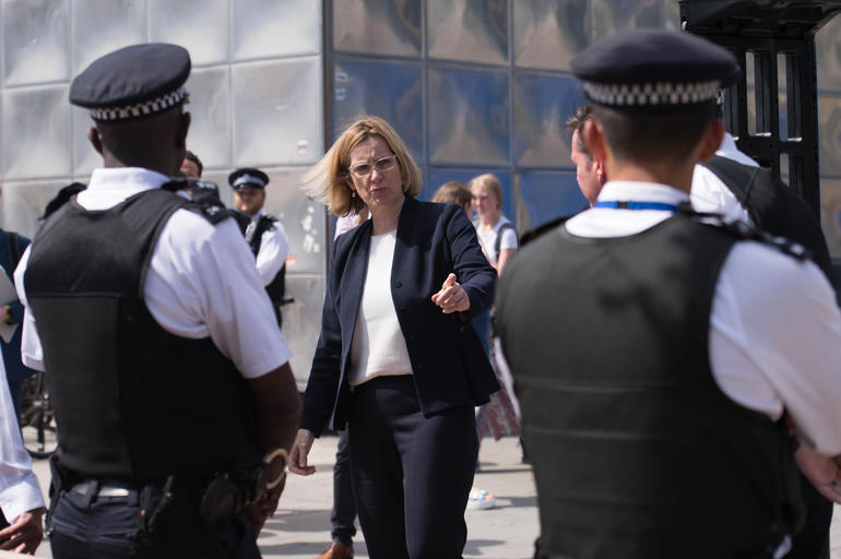 Home Secretary Amber Rudd meeting police officers at Elephant & Castle in south London to discuss the prevention of knife crime in the capital