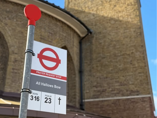 All Hallows Bow church prayer stop initiative in east London designed to look like a bus shelter for community prayer